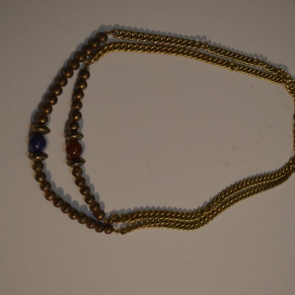 Unisex Necklace Double Chain Thick Mix Media Metal Golden Bronze Beads Red Blue - Picture 3 of 4